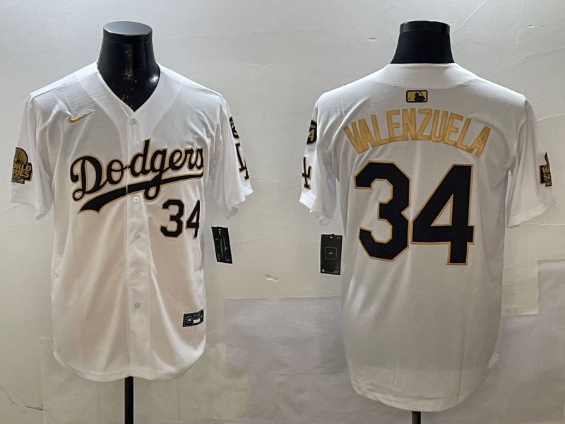 Men Los Angeles Dodgers #34 Valenzuela White gold Fashion 2025 Nike MLB Jersey style 1->los angeles dodgers->MLB Jersey